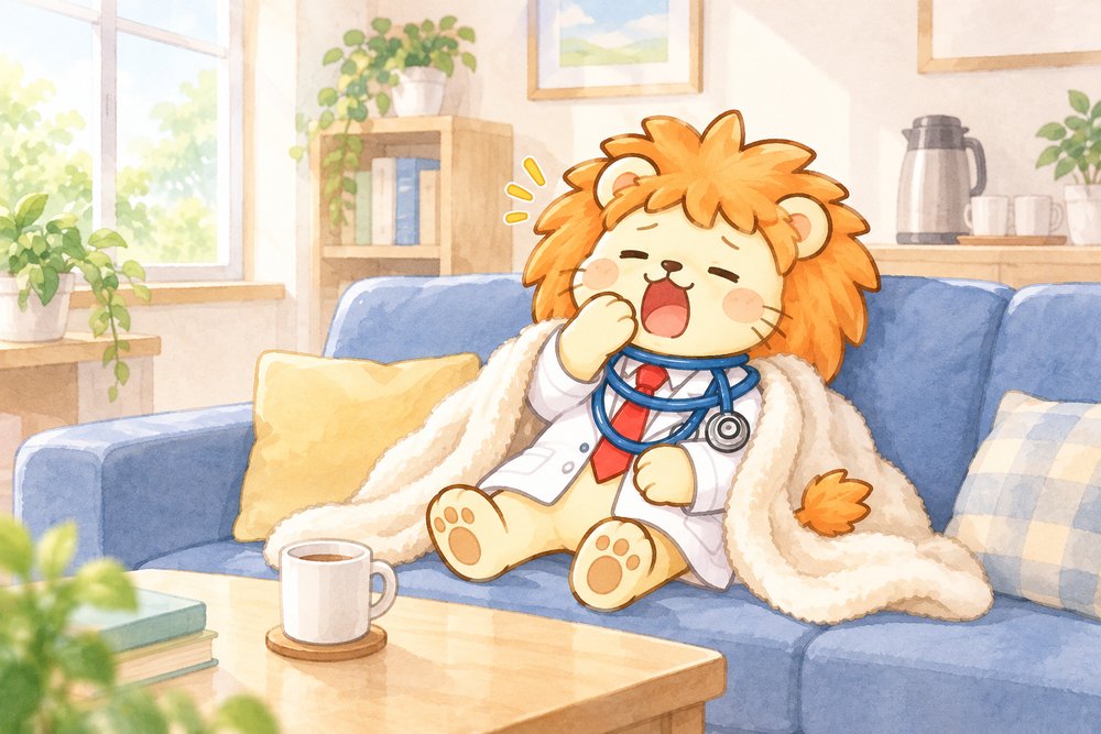 ソファで毛布をかけて休息をとるライオンのナビ助