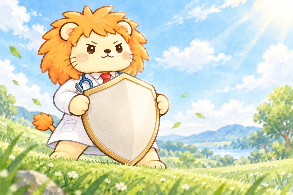 大きな盾をかまえて頼もしく立つライオンのナビ助