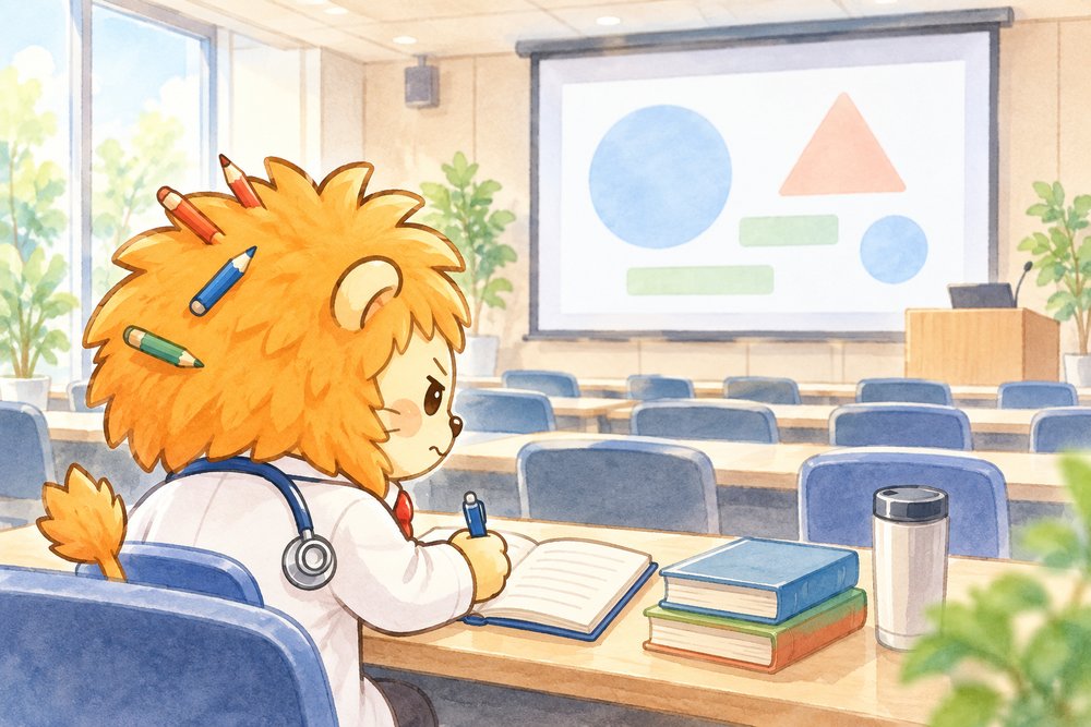 セミナー会場で熱心にノートをとるライオンのナビ助